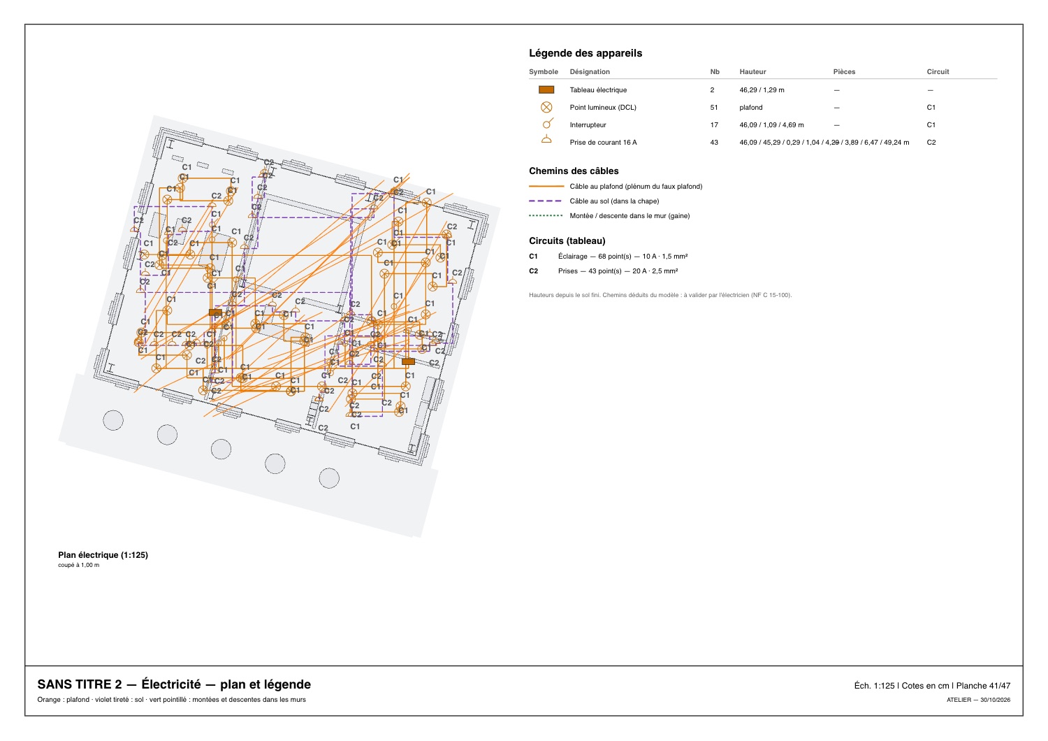 Planche d'électricité : plan des appareils et des circuits, chemins des câbles, légende.