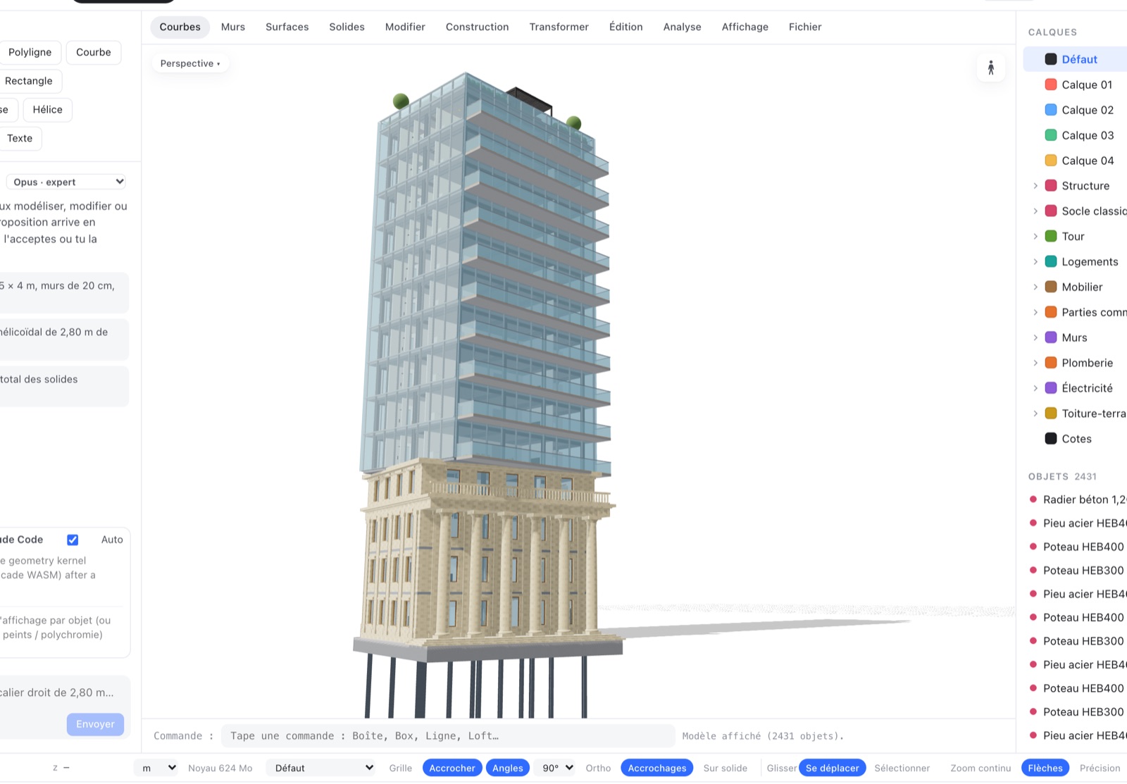 ABRH, onglet Modéliser en 3D : une tour de logements en verre et acier posée sur un socle classique en pierre taillée à colonnes.