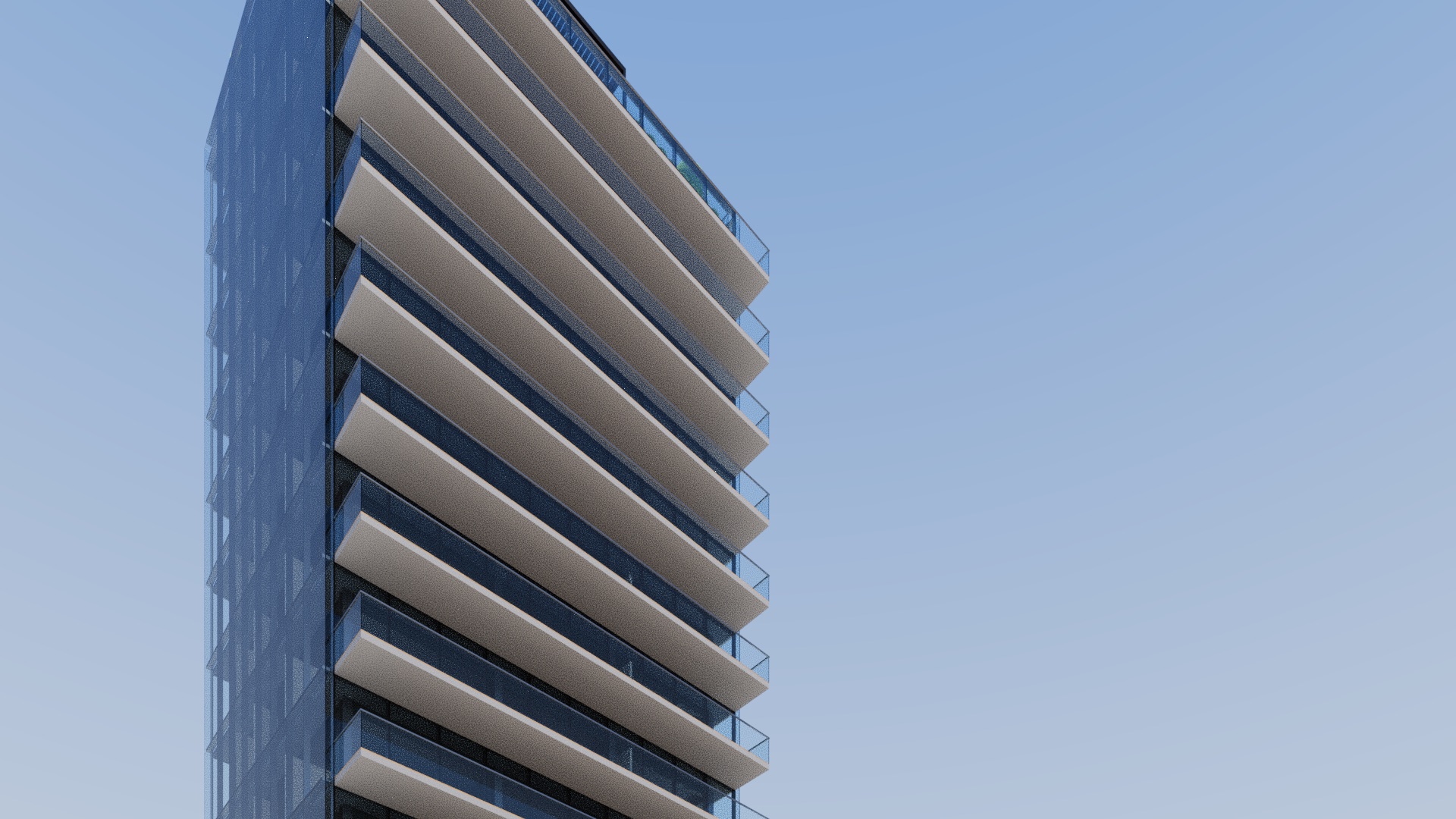 Image réaliste : la tour en acier et verre et ses balcons en porte-à-faux.
