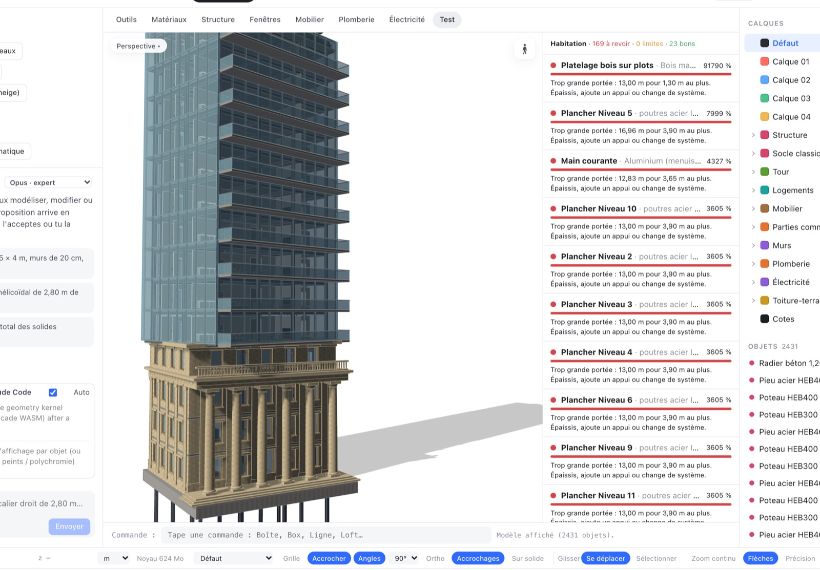 Fonction Test d'ABRH : planchers et murs vérifiés pour l'usage habitation, éléments à revoir signalés en rouge avec la raison.